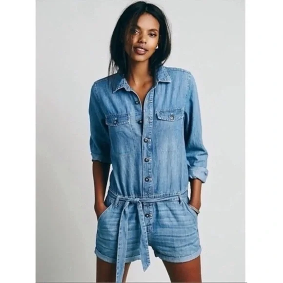 Free People Rivet Blue Denim Jean Chambray Long Sleeve Romper Large - Picture 2 of 11